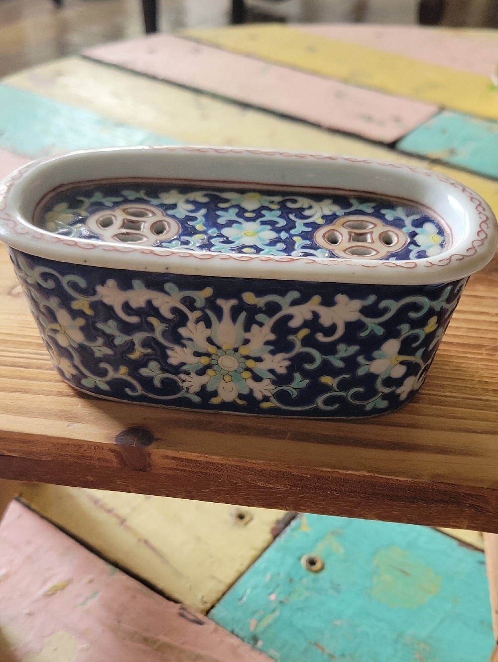 Blue Floral Porcelain Floral Frog Dish